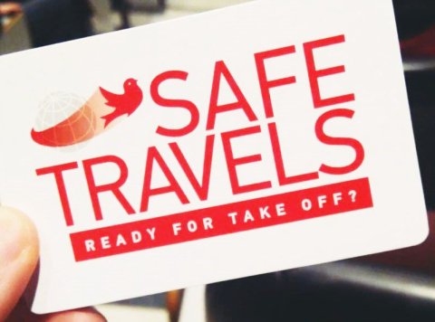 Safe Travels and the ƽ岻 Abroad logo on a wallet sized card with the words "Ready for take off?" underneath