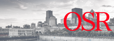 the word 'OSR' in red superimposed on a black and white skyline of Montreal's old port.
